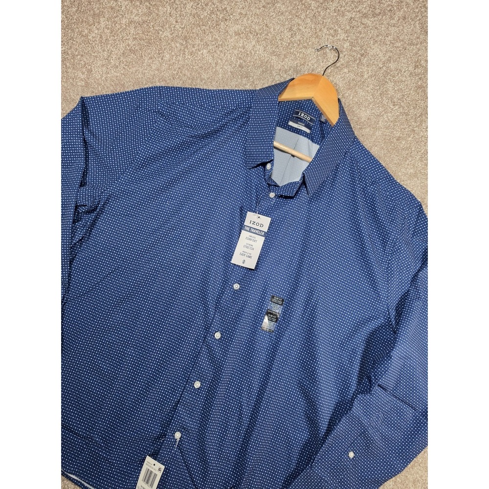 IZOD Traveler Dress Shirt Mens XXL 18-18.5 34/35 Blue Slim Fit Stretch‎ NWT